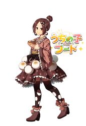  1girl absurdres anklet black_thighhighs bowl brown_eyes brown_footwear brown_hair brown_kimono brown_skirt check_copyright copyright_request earrings hair_bun hair_up highres holding holding_bowl japanese_clothes jewelry kankitukou kimono logo looking_at_viewer original personification polka_dot shiruko_(food) simple_background skirt solo thighhighs 