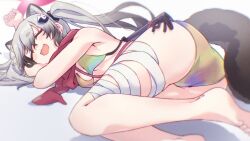 1girl animal_ears ass barefoot bikini blue_archive breasts closed_eyes fang grey_hair halo karahai_(31448823) long_hair michiru_(blue_archive) open_mouth pink_halo red_scarf scarf simple_background small_breasts smile solo swimsuit tail thighs white_background 
