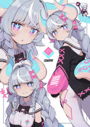  1girl black_bow black_bowtie black_jacket blue_horns blue_pupils blue_tail blush border bow bowtie braid braided_sidelock breasts chibi chibi_inset closed_mouth collared_shirt commentary_request dress_shirt frilled_shirt frills grey_border grey_hair hair_bow hair_intakes horn_ornament horn_ribbon horns jacket leggings looking_at_viewer looking_back medium_breasts multicolored_clothes multicolored_hair multicolored_horns multicolored_jacket multicolored_tail multiple_views off-shoulder_jacket off_shoulder original outside_border parted_lips pink_bow pink_eyes pink_horns pink_jacket pink_tail pixel_art_inset purple_eyes ribbon saebashi shirt simple_background sleeveless sleeveless_shirt smile streaked_hair symbol-shaped_pupils tail teeth turning_head twin_braids two-tone_hair white_background white_hair white_leggings 