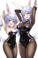  2girls animal_ear_fluff animal_ears black_bodysuit black_leotard black_pantyhose blue_hair blush bodysuit bow braid braided_ponytail breasts cleavage covered_navel hair_bow hair_over_shoulder highres hololive large_breasts leotard long_hair looking_at_viewer mature_female medium_breasts mother_and_daughter multicolored_hair multiple_girls nootomo open_mouth pantyhose pekomama playboy_bunny rabbit-shaped_pupils rabbit_ears rabbit_girl rabbit_pose rabbit_tail red_eyes short_eyebrows smile strapless strapless_leotard streaked_hair symbol-shaped_pupils tail teeth twin_braids upper_teeth_only usada_pekora virtual_youtuber white_background white_bow white_hair  rating:Sensitive score:25 user:danbooru