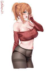  1girl aquila_(kancolle) arm_behind_back artist_name bare_shoulders black_panties black_pantyhose blush breasts brown_eyes brown_hair cleavage collarbone cropped_legs cropped_sweater ebifurya hand_up high_ponytail highres kantai_collection large_breasts long_hair long_sleeves looking_at_viewer midriff navel no_pants off-shoulder_sweater off_shoulder one-hour_drawing_challenge open_mouth orange_hair panties pantyhose parted_bangs red_sweater sidelocks simple_background skindentation sleeves_past_wrists smile solo stomach sweater teeth thighband_pantyhose twitter_username underwear upper_teeth_only white_background 