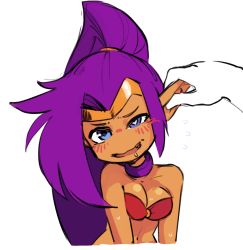  1girl blue_eyes blush borvar breasts cleavage commentary dark_skin drooling eargasm english_commentary fang flying_sweatdrops heart heart-shaped_pupils heterochromia long_hair medium_breasts open_mouth pointy_ears ponytail purple_eyes purple_hair rubbing shantae shantae_(series) solo_focus symbol-shaped_pupils tiara uncommon_stimulation upper_body very_long_hair  rating:Sensitive score:123 user:danbooru