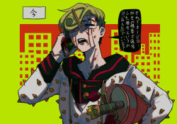  1boy blood blood_on_face blood_splatter blue_eyes carrying carrying_under_arm facial_mark green_hair hair_ornament hairclip higashikata_jobin highres hood hoodie jojo_no_kimyou_na_bouken jojolion male_focus open_mouth partially_translated plant potted_plant rokakaka solo speech_bubble spikes swampland talking_on_phone translation_request two-tone_background 