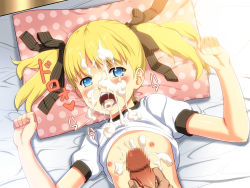  1boy 1girl blonde_hair blue_eyes blush breasts censored clothes_lift cum cum_in_mouth cum_on_body cum_on_breasts cum_on_hair cum_on_upper_body facial flat_chest loli lying okina_ika original penis shirt_lift solo_focus twintails  rating:Explicit score:88 user:danbooru