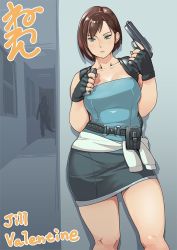  1girl 1other against_wall bare_shoulders belt black_gloves blue_eyes breasts brown_hair capcom casual character_name clothes_around_waist collarbone commentary_request fingerless_gloves frown gloves gun hallway handgun holding holding_gun holding_weapon holster jill_valentine large_breasts magazine_(weapon) neone pencil_skirt pistol reloading resident_evil resident_evil_3 resident_evil_3:_nemesis short_hair shoulder_holster skirt sleeveless solo_focus strapless sweater sweater_around_waist trigger_discipline tube_top weapon zombie  rating:Sensitive score:64 user:danbooru