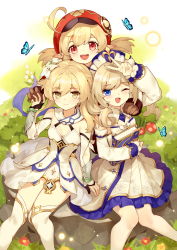 3girls ;d absurdres ahoge animal arm_up barbara_(genshin_impact) bare_shoulders black_gloves blonde_hair blue_eyes book bow brown_eyes brown_hair bug butterfly commentary_request detached_sleeves dress flower genshin_impact gloves hair_between_eyes hair_flower hair_ornament hat highres holding holding_book insect klee_(genshin_impact) knees_together_feet_apart long_hair long_sleeves looking_at_viewer lumine_(genshin_impact) multiple_girls mushroom one_eye_closed open_mouth pantyhose partially_fingerless_gloves pleated_dress pointy_ears puffy_long_sleeves puffy_sleeves red_eyes red_flower red_headwear sitting sleeves_past_wrists smile strapless strapless_dress thighhighs tree_stump tsubasa_tsubasa two_side_up v white_bow white_dress white_flower white_legwear white_sleeves rating:Sensitive score:45 user:danbooru