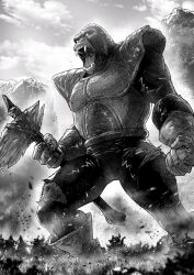 1boy ape armor axe battle_axe bone_axe bone_weapon commentary cosplay crossover day english_commentary fangs full_armor giant giant_monster gloves godzilla_(series) godzilla_x_kong:_the_new_empire greyscale highres holding holding_weapon kaijuu king_kong king_kong&#039;s_battle_axe king_kong_(series) legendary_pictures male_focus manly monochrome monster monsterverse mountainous_horizon multiple_crossover muscular no_humans oozaru oozaru_(cosplay) outdoors saiyan_armor santa_fung solo standing toei_animation weapon white_footwear white_gloves