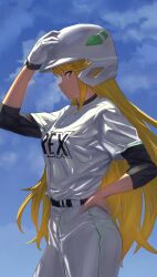  1girl baseball_cap belt blonde_hair blue_sky closed_mouth cloud commentary day gloves hand_on_headwear hat helmet highres long_hair looking_at_viewer mythra_(xenoblade) outdoors pants sakiruo46 sky solo standing uniform upper_body very_long_hair white_gloves xenoblade_chronicles_(series) xenoblade_chronicles_2 
