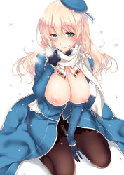 1girl atago_(kancolle) ayase_hazuki beret black_gloves black_pantyhose blonde_hair blue_hat breasts breasts_out breath closed_eyes closed_mouth commentary_request gloves green_eyes hat kantai_collection large_breasts long_hair long_sleeves military military_uniform nipples no_bra pantyhose scarf simple_background sitting smile snowflakes solo uniform wariza white_background white_scarf rating:Questionable score:22 user:danbooru
