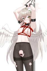  1girl armband armpits bar_censor bdsm black_armband black_pantyhose blue_archive blush bound bound_wrists breasts brown_hair brown_halo censored cleft_of_venus commentary_request crotch_cutout feathered_wings halo highres long_hair looking_at_viewer low_wings nagisa_(blue_archive) navel nipples nose_blush paid_reward_available pantyhose pole pussy qianshibu red_rope restrained rope shibari simple_background small_breasts solo sweat thighband_pantyhose torn_clothes torn_pantyhose upper_body white_background white_wings wings yellow_eyes 