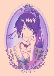  1girl brown_background choker closed_mouth collarbone collared_shirt commentary_request eyelashes flower hair_ornament hair_scrunchie hand_up high_ponytail highres long_hair looking_to_the_side monochrome monogatari_(series) parted_bangs ponytail portrait purple_eyes purple_hair rapa_rachi revision rose scrunchie senjougahara_hitagi shadow shirt short_sleeves sidelocks smile solo swept_bangs 