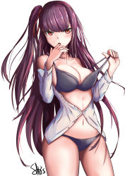 1girl :o absurdres bare_shoulders black_bra black_panties blunt_bangs bra breasts cleavage collarbone cowboy_shot finger_in_own_mouth girls&#039;_frontline highres large_breasts long_hair long_sleeves looking_at_viewer navel off_shoulder one_side_up open_clothes open_mouth open_shirt panties partially_unbuttoned pulling_own_clothes purple_eyes red_eyes sato_art shirt signature simple_background solo standing straight_hair strap_pull thighs tsurime underwear very_long_hair wa2000_(girls&#039;_frontline) white_background white_shirt rating:Sensitive score:13 user:danbooru