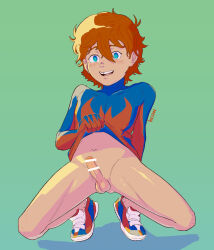  1boy animification artist_name bailey_briggs blue_background blue_eyes bodysuit bottomless clothes_lift commentary english_text erection freckles full_body hair_between_eyes highres kyoudaicon looking_at_viewer male_focus marvel midriff midriff_peek multicolored_footwear navel preview red_hair shoes short_hair shota simple_background smile solo spider-boy_(spider-man) spider-man_(series) spider-verse spider-verse_(comics) stomach symbol-only_commentary teeth testicles tooth_gap twitter_username two-tone_bodysuit upper_teeth_only  rating:Explicit score:101 user:danbooru