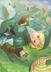  alternate_size blonde_hair blue_eyes boots fado_(ocarina_of_time) giant green_hat green_tunic hat highres kokiri ladder leather leather_boots link lying nintendo on_back pants pra_11 saria_(zelda) the_legend_of_zelda the_legend_of_zelda:_ocarina_of_time white_pants 