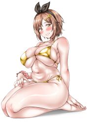  1girl atelier_(series) atelier_ryza bikini black_hairband blush breasts brown_eyes brown_hair collarbone curvy eyebrows eyelashes female_focus foot_out_of_frame from_side full_body grin hairband hand_on_own_foot hand_on_own_thigh huge_breasts lips looking_at_viewer matching_hair/eyes navel pipienpippi reisalin_stout seiza short_hair side-tie_bikini_bottom simple_background sitting smile solo swimsuit teeth thighs white_background yellow_bikini 