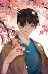  1boy 2018 absurdres axis_powers_hetalia bishounen black_hair blue_kimono branch bright_pupils brown_jacket cherry_blossoms closed_mouth daligaoxin163 dated falling_petals grey_eyes hand_up highres jacket japan_(hetalia) japanese_clothes kimono looking_at_viewer male_focus petals short_hair signature solo upper_body white_background white_pupils 