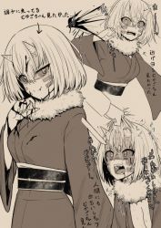  1girl 1other arrow_(symbol) blood blood_on_clothes blood_on_hands blush breasts broken_horn check_translation cleavage commentary cropped_torso crying fang fangs fur_collar fur_trim grabbing_another&#039;s_hair hair_between_eyes highres horns japanese_clothes kimetsu_no_yaiba kimono large_breasts long_sleeves mame_rakko medium_hair mukago_(kimetsu_no_yaiba) multiple_views obi sash short_hair sword tears teeth translated translation_request weapon wide_sleeves  rating:Sensitive score:57 user:danbooru