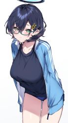  1girl alternate_costume arms_behind_back black_hair black_shirt blue_archive blue_jacket blush breasts buruma chihiro_(blue_archive) glasses green_eyes hair_between_eyes hair_ornament halo haruyuki_(yukichasoba) highres jacket large_breasts looking_at_viewer open_clothes open_jacket shirt short_hair simple_background smile solo standing track_jacket white_background  rating:Sensitive score:16 user:danbooru