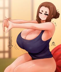  1girl absurdres bare_legs blush breasts brown_eyes brown_hair cleavage covered_erect_nipples curvy female_focus highres huge_breasts kaii_to_otome_to_kamikakushi matching_hair/eyes mole mole_under_eye ogawa_sumireko one_eye_closed short_hair solo stretching the_only_shoe thick_thighs thighs 