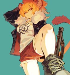  1girl animal_ears arknights arm_behind_head baton_(weapon) black_footwear black_jacket blonde_hair blue_background closed_mouth fur-trimmed_jacket fur_trim hair_between_eyes jacket knee_up lion_ears lion_girl lion_tail long_sleeves looking_at_viewer moonagvaze orange_eyes red_shorts shirt shoes short_hair shorts siege_(arknights) signature sneakers solo tail weapon white_shirt 