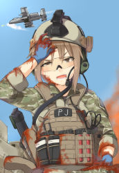  1girl a-10 a-10_thunderbolt_ii aircraft airplane american_flag assault_rifle attack_aircraft autocannon ayyh bad_id bad_pixiv_id blood brown_eyes brown_hair building camouflage cannon close_air_support commentary_request destruction fang fire firing from_below gatling_gun gau-8_avenger glasses gloves gun gun_sling gunship hand_on_own_head headset helmet highres load_bearing_vest looking_down magazine_(weapon) military military_uniform multiple-barrel_firearm open_mouth original out_of_frame rifle rotary_cannon sky smoke soldier solo_focus sweat tourniquet uniform united_states war weapon 
