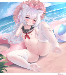  1girl absurdres animal_ear_fluff animal_ears ball beach beachball blue_eyes blush bow breasts cameltoe cat_ears chinese_commentary cleft_of_venus cloud covered_navel day feet full_body grey_hair hair_bow hair_ornament hat headwear_request heterochromia highleg highres knee_up leg_up legs loli long_hair looking_at_viewer lying navel nipples no_shoes ocean on_side one-piece_swimsuit original outdoors red_eyes ribbon sailor_collar see-through sheng_taoren sitting sky small_breasts soles solo spread_legs straw_hat swimsuit tail thighhighs thighs toes water wet wet_clothes white_hair white_one-piece_swimsuit white_thighhighs  rating:Explicit score:147 user:danbooru