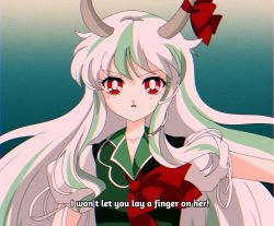 1990s_(style) 1girl bow caved_(touhou) collared_dress dress ex-keine green_dress green_hair green_vest hanadi_detazo highres horn_ornament horn_ribbon horns imperishable_night kamishirasawa_keine long_hair multicolored_hair puffy_short_sleeves puffy_sleeves red_bow red_eyes red_neckwear retro_artstyle ribbon shirt short_sleeves solo source_quote subtitled touhou two-tone_hair vest white_shirt