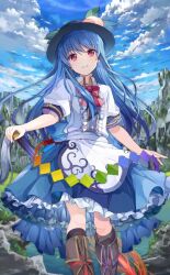  1girl black_headwear blue_hair blue_skirt blue_sky boots bow bowtie center_frills cloud feet_out_of_frame food frilled_skirt frills fruit fruit_punch hinanawi_tenshi leaf long_hair looking_at_viewer outdoors parted_lips peach red_bow red_bowtie red_eyes shirt short_sleeves skirt sky solo third-party_source touhou touhou_cannonball white_shirt 