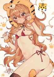  :t aisaka_taiga animal_ears animal_hood annoyed areola_slip bikini black_thighhighs blush breasts brown_eyes brown_hair claw_pose closed_mouth cowboy_shot dot_nose embarrassed eyebrows eyelashes fake_animal_ears fake_tail female_focus fingernails from_side hands_up highres hood hood_up leaning_forward loli long_fingernails long_hair looking_at_viewer looking_to_the_side matching_hair/eyes nail_polish navel red_bikini red_nails side-tie_bikini_bottom simple_background skyrelle small_breasts solo standing swimsuit tail thighhighs tiger_ears tiger_tail toradora! tsundere untied_bikini white_background 
