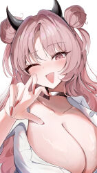  1girl ;d absurdres archi_(aruki) black_choker blue_archive breasts choker cleavage collarbone commentary_request demon_horns double_bun fake_horns fingernails hair_bun hair_intakes highres horns kirara_(blue_archive) large_breasts long_fingernails long_hair looking_at_viewer nail_polish no_halo one_eye_closed open_collar open_mouth pink_hair shirt simple_background smile solo triangle_mouth upper_body very_long_hair white_background white_shirt 