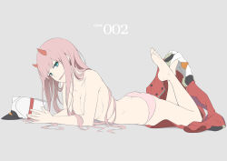  10s 1girl ass barefoot breasts butt_crack character_name cleavage collarbone commentary darling_in_the_franxx feet full_body grey_background hat highres horns jacket knees_up large_breasts long_hair looking_at_viewer lying masabodo on_stomach open_mouth own_hands_together panties pink_hair pink_panties ringed_eyes simple_background smile soles solo the_pose toes topless underwear underwear_only unworn_hat unworn_headwear unworn_jacket zero_two_(darling_in_the_franxx)  rating:Questionable score:71 user:danbooru