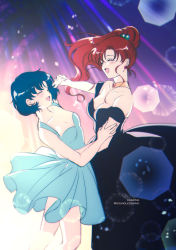  2girls :d ^_^ aqua_dress arched_back arm_grab artist_name asymmetrical_bangs bare_arms bare_legs bare_shoulders bishoujo_senshi_sailor_moon black_dress blue_hair blurry blurry_background blush breasts brown_hair cleavage closed_eyes collarbone couple dancing dress earrings female_focus floating_hair flower_earrings hair_bobbles hair_ornament hand_on_another&#039;s_arm hand_on_another&#039;s_waist happy holding_hands jewelry kaze-hime kino_makoto legs lens_flare long_dress long_hair medium_breasts mizuno_ami multiple_girls neck necklace off-shoulder_dress off_shoulder open_mouth ponytail short_hair sketch small_breasts smile standing yuri  rating:Sensitive score:30 user:danbooru