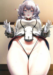 1girl absurdres bar_censor bare_legs blue_eyes blush breasts breath censored colored_skin covered_erect_nipples cowboy_shot epaulettes fang frills from_below gloves groin hair_between_eyes hat heart highres ikuchan_kaoru indoors kantai_collection kashima_(kancolle) large_breasts legs legs_together lifting_own_clothes looking_at_viewer mini_hat multicolored_skin no_pants parted_lips pussy pussy_peek smile solo standing sweat thick_thighs thighs thong twintails uniform white_gloves white_hair rating:Explicit score:76 user:Ynyswydryn