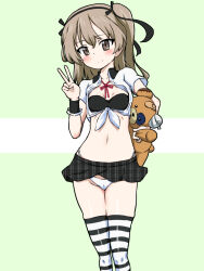  1girl absurdres blush boko_(girls_und_panzer) breasts brown_eyes brown_hair cameltoe cleavage closed_mouth girls_und_panzer highres holding holding_stuffed_toy long_hair looking_at_viewer misakichi_(fechisupi777) navel panties shimada_arisu small_breasts smile solo striped_clothes striped_thighhighs stuffed_toy thighhighs underwear v white_panties 