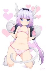 1girl absurdres animal_hands bad_id bad_pixiv_id bare_arms bare_shoulders beads bikini blue_eyes blunt_bangs blush bra cat_tail claws closed_mouth dragon_girl dragon_horns female_focus flat_chest full_body gloves hair_beads hair_ornament half-closed_eyes heart heart_background highres horns jitome kanna_kamui kneeling kobayashi-san_chi_no_maidragon legs_apart light_purple_hair loli long_hair looking_at_viewer low_twintails navel panties paw_gloves pink_bikini print_bra print_panties rachel_bouvier side-tie_bikini_bottom signature simple_background solo stomach swimsuit tail twintails underwear very_long_hair white_background rating:Questionable score:162 user:Domestic_Importer
