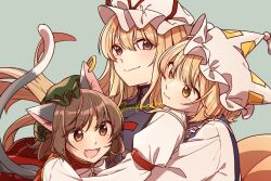  3girls :d animal_ear_piercing animal_ears blonde_hair brown_eyes brown_hair cat_ears cat_tail chen closed_mouth commentary_request dress earrings eyes_visible_through_hair fang floating_hair fox_ears fox_tail frills gold_trim grey_background happy hat hug jewelry light_blush long_hair looking_at_another looking_at_viewer mob_cap multiple_girls multiple_tails open_mouth red_dress short_hair signature simple_background single_earring skin_fang smile swept_bangs tail touhou two_tails unkmochi very_long_hair yakumo_ran yakumo_yukari yellow_eyes 