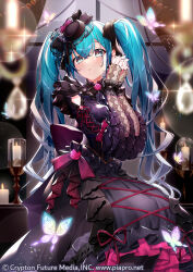  1girl arm_cutout black_bow black_dress blue_hair bow bug butterfly dress frilled_sleeves frills gari_(apollonica) gothic_lolita gradient_hair grey_hair hair_bow hatsune_miku hatsune_miku_graphy_collection highres insect layered_dress layered_sleeves lens_flare lolita_fashion long_dress long_hair long_sleeves looking_at_viewer multicolored_hair red_bow red_ribbon ribbon solo twintails very_long_hair vocaloid 