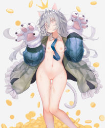 1girl absurdres animal_ears animal_hands bad_id bad_pixiv_id blush cat_ears cat_paws cat_tail cleft_of_venus commission detached_collar flat_chest girls&#039;_frontline gloves grey_eyes grey_hair greyscale hair_between_eyes highres long_hair looking_at_viewer monochrome navel necktie nipples paw_gloves pixiv_commission pussy simple_background smile solo sweat tail tears timitarcat white_background xm8_(girls&#039;_frontline) rating:Explicit score:62 user:danbooru