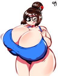 1girl breasts brown_eyes brown_hair cleavage covered_erect_nipples curvy gammanaut gigantic_breasts glasses looking_at_viewer mei_(overwatch) one_eye_closed overwatch overwatch_1 plump smile solo tagme thick_thighs thighs tongue tongue_out wide_hips rating:Questionable score:45 user:Anon_Perv