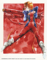  1980s_(style) 1girl alien ass bodysuit boots butt_crack cannon choujikuu_seiki_orguss curly_hair emaan energy_cannon english_text foregrip gloves grass highres jumpsuit lying mikimoto_haruhiko official_art oldschool on_stomach orange_hair orguss page_number painting_(medium) pilot_suit prehensile_hair production_art promotional_art retro_artstyle rocket_launcher scan science_fiction scope shaya_thoov shoulder_pads signature sniping spread_legs strap traditional_media uniform vhs_cover watercolor_(medium) weapon 