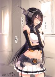  10s 1girl bare_shoulders black_hair blush breasts covering_own_mouth cowboy_shot cropped_legs elbow_gloves gloves hair_between_eyes hand_over_own_mouth headgear indoors kantai_collection kyara36 long_hair looking_away midriff miniskirt nagato_(kancolle) navel pleated_skirt red_eyes skirt solo sweatdrop translation_request white_skirt window  rating:Sensitive score:8 user:Stormer