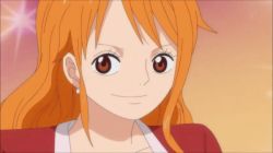  1girl animated animated_gif breasts brown_eyes cleavage earrings large_breasts long_hair nami_(one_piece) one_piece orange_hair smile uniform  rating:Sensitive score:22 user:TDucklair