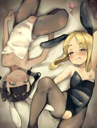  2girls :q animal_ears areola_slip arm_up armpits bare_shoulders bed_sheet black_eyes black_hair black_leotard blonde_hair blue_eyes blush breasts brown_pantyhose cleft_of_venus closed_mouth commentary covered_navel crime_prevention_buzzer crotch_cutout dark-skinned_female dark_skin driftingtiger english_commentary fake_animal_ears female_focus flat_chest forehead heart heart-shaped_pupils highleg highleg_leotard highres leg_up leotard loli lying mirror_opposites multiple_girls nipples on_back on_bed original pantyhose parted_bangs playboy_bunny pussy rabbit_ears rotational_symmetry small_breasts strapless strapless_leotard symbol-shaped_pupils symmetry tongue tongue_out twintails uncensored upside-down wavy_mouth white_leotard 