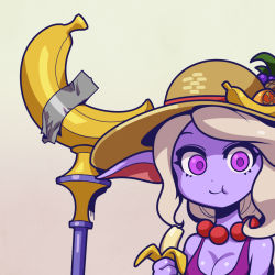 1girl :t alternate_costume banana breasts cleavage colored_skin commentary duct_tape eating english_commentary food fruit fruit_hat hat highres jewelry league_of_legends long_hair medium_breasts necklace order_of_the_banana_soraka parody pearl_necklace phantom_ix_row pointy_ears purple_eyes purple_skin shiny_skin silver_hair solo soraka_(league_of_legends) sun_hat rating:Sensitive score:6 user:danbooru