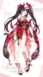  1girl :d absurdres bare_shoulders bell belt_collar black_hair collar detached_sleeves dress head_tilt highres honkai:_star_rail honkai_(series) long_hair looking_at_viewer mask mask_on_head neck_bell no_legwear open_mouth red_dress sleeves_past_elbows smile solo sparkle_(honkai:_star_rail) standing standing_on_one_leg tachi-e very_long_hair white_background xuan_xuan_xuan_za 