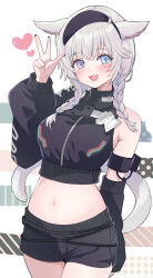  1girl :d absurdres animal_ears asymmetrical_clothes black_jacket black_nails black_shorts blue_eyes braid cat_ears cat_girl cat_tail cowboy_shot cropped_jacket cross-shaped_pupils detached_sleeves facial_mark final_fantasy final_fantasy_xiv grey_hair hand_up heart heterochromia highres jacket lilith_degree looking_at_viewer medium_hair midriff miqo&#039;te nail_polish navel open_mouth purple_eyes short_shorts shorts simple_background single_bare_shoulder smile solo standing symbol-shaped_pupils tail turtleneck twin_braids w warrior_of_light_(ff14) white_background zipper  rating:Sensitive score:2 user:danbooru