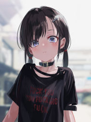 1girl absurdres black_hair black_shirt blue_eyes blurry blurry_background blush buckle closed_mouth clothes_writing collar collarbone depth_of_field english_text gishiki_(gshk) hair_ornament hair_tie hairclip highres long_hair low_twintails original profanity shirt short_sleeves smile solo twintails upper_body rating:Sensitive score:25 user:danbooru