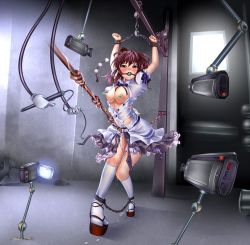 1girl ball_gag bdsm blush bondage bound bound_arms bound_legs breasts brown_hair camera clog_sandals clothes_pin crotch_rope cuffs female_focus gag gagged hat highres monikano nipple_clamps nipple_stimulation nipple_torture nipples pussy_juice red_eyes rope_walking shackles shameimaru_aya short_hair solo tokin_hat torn_clothes touhou whip rating:Explicit score:117 user:spiderfan