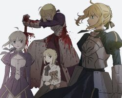  1girl ahoge armor armored_dress artoria_pendragon_(all) artoria_pendragon_(fate) blonde_hair blood blood_on_clothes bloody_weapon blue_dress blue_ribbon bow bowtie braid closed_mouth collared_shirt deep_wound dress fate/stay_night fate_(series) fauls from_side gauntlets green_eyes hair_ribbon injury invisible_air_(fate) juliet_sleeves light_smile long_sleeves looking_ahead looking_at_viewer m_12170 multiple_views puffy_sleeves ribbon saber_(fate) shirt short_hair sidelocks simple_background solo_focus stuffed_animal stuffed_lion stuffed_toy weapon white_background white_shirt wind 
