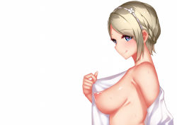  1girl ace_combat ace_combat_7:_skies_unknown blonde_hair blue_eyes braid breasts flower french_braid hair_flower hair_ornament medium_breasts namco nipples puffy_nipples rosa_cossette_d&#039;elise solo symbol-shaped_pupils undressing  rating:Questionable score:22 user:RazgrizInvicta